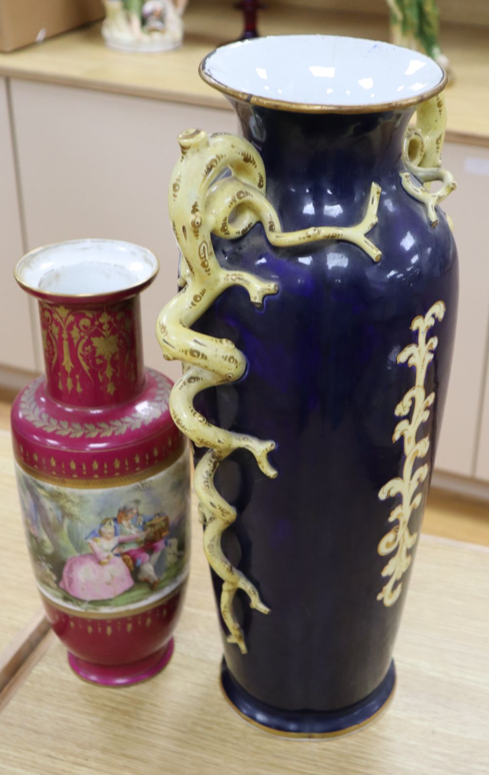 A French porcelain vase table lamp and another Continental vase table lamp
